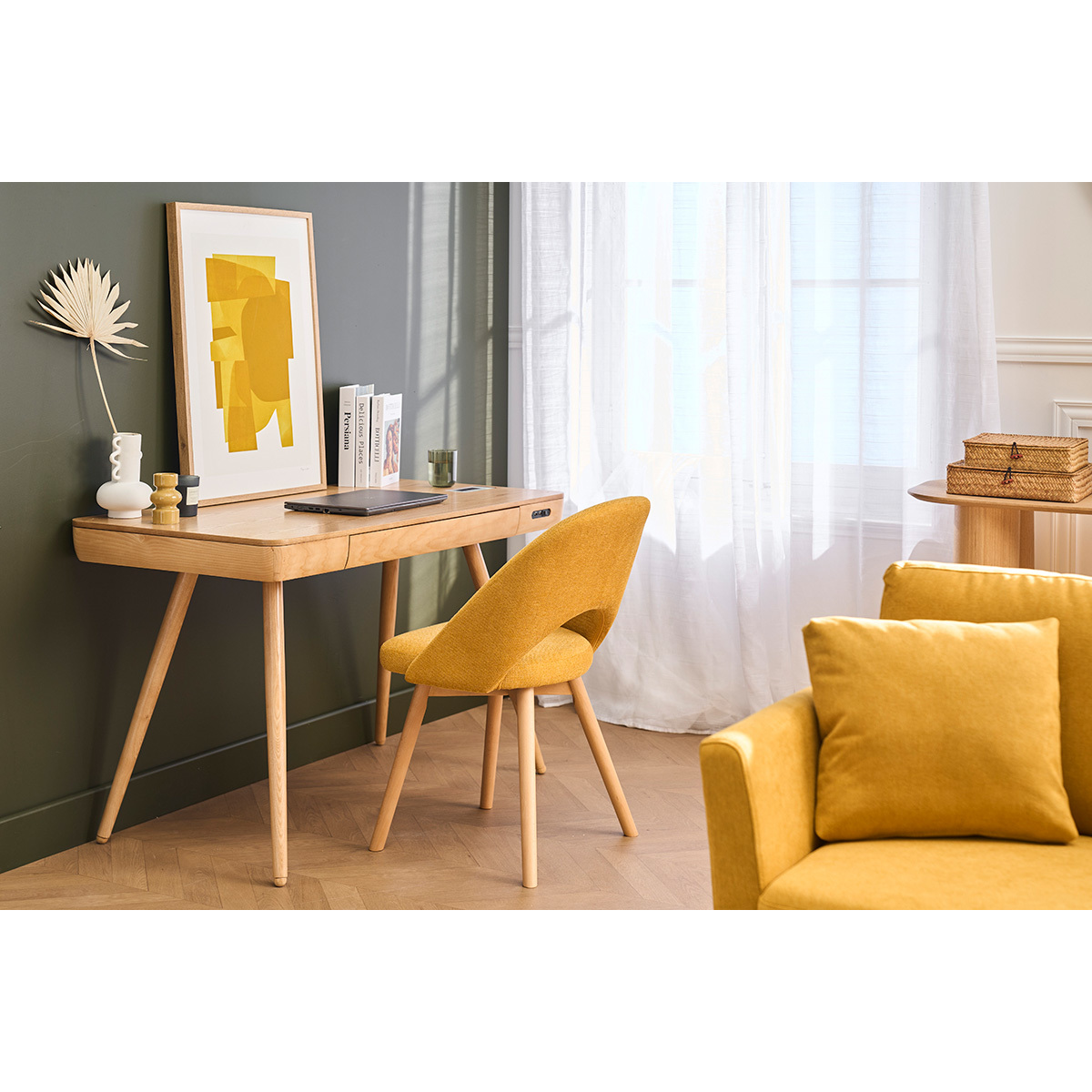Bureau connecté multimédia avec tiroir bois clair massif L120 cm CLEVER bois clair / blanc, MILIBOO