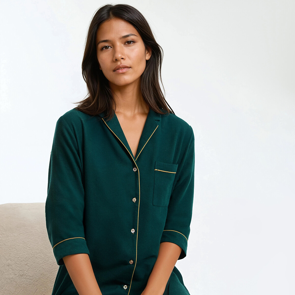 Liquette em flanela de algodão puro, assinatura NOÉLIE verde-abeto, LA REDOUTE COLLECTIONS