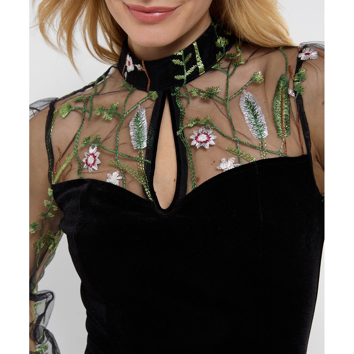 Blouse en Velours à Col Montant et Manches en Mesh Brodées noir, JOE BROWNS