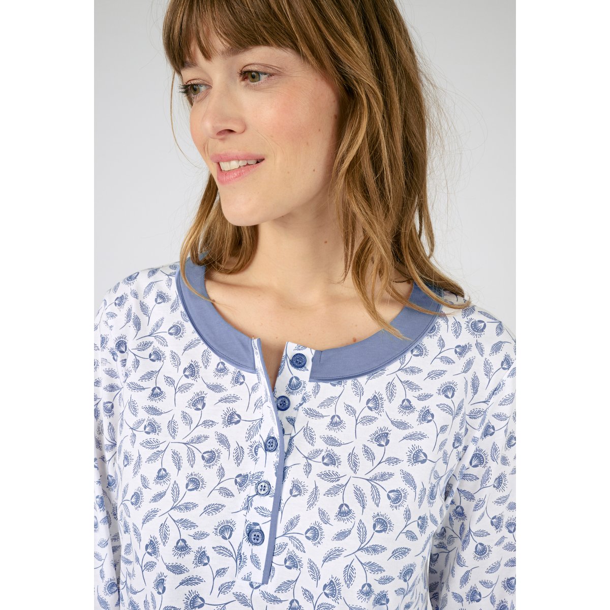 Pyjama en pur coton peigné imp. bleu, DAMART