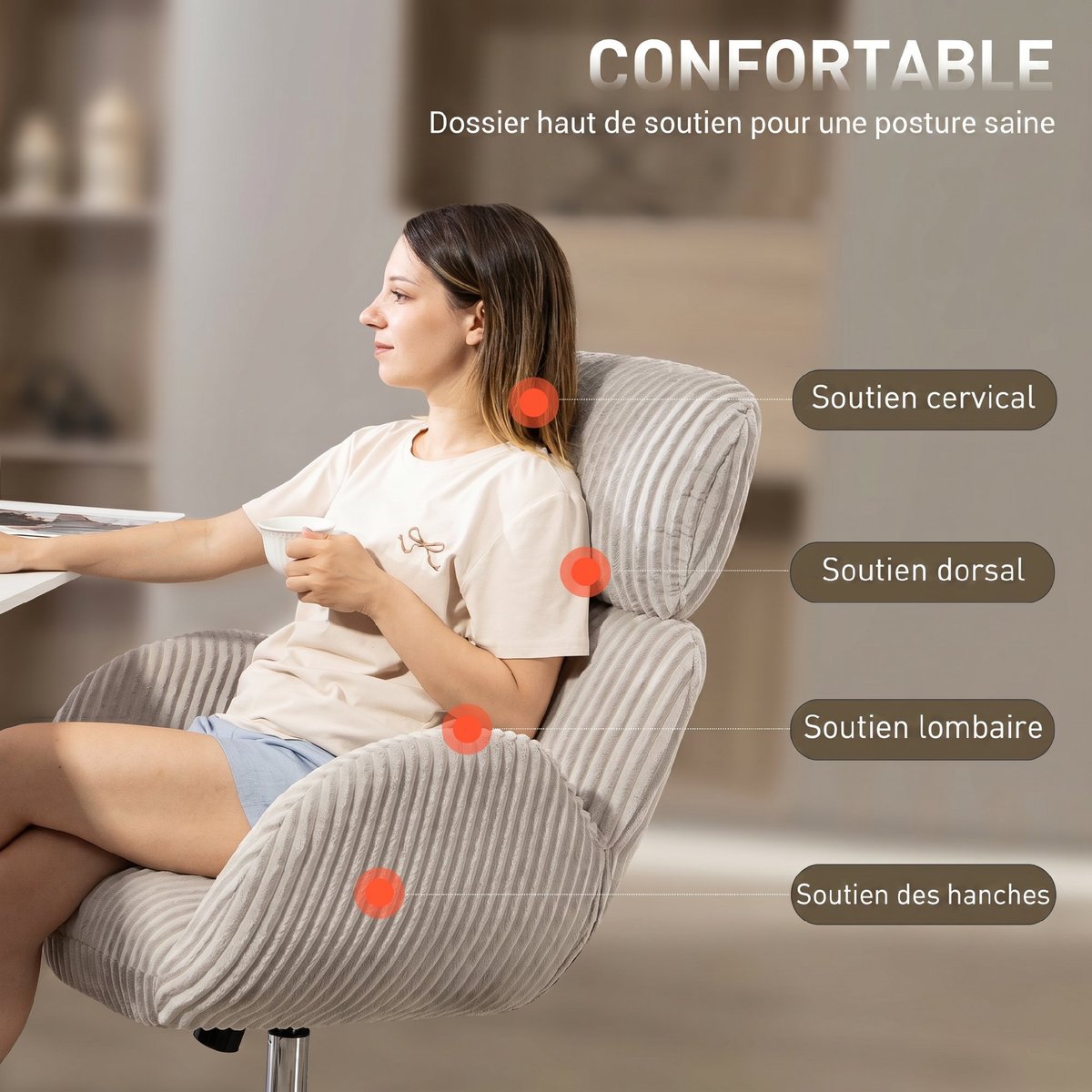 Chaise de bureau Velours Gris gris, HOMCOM
