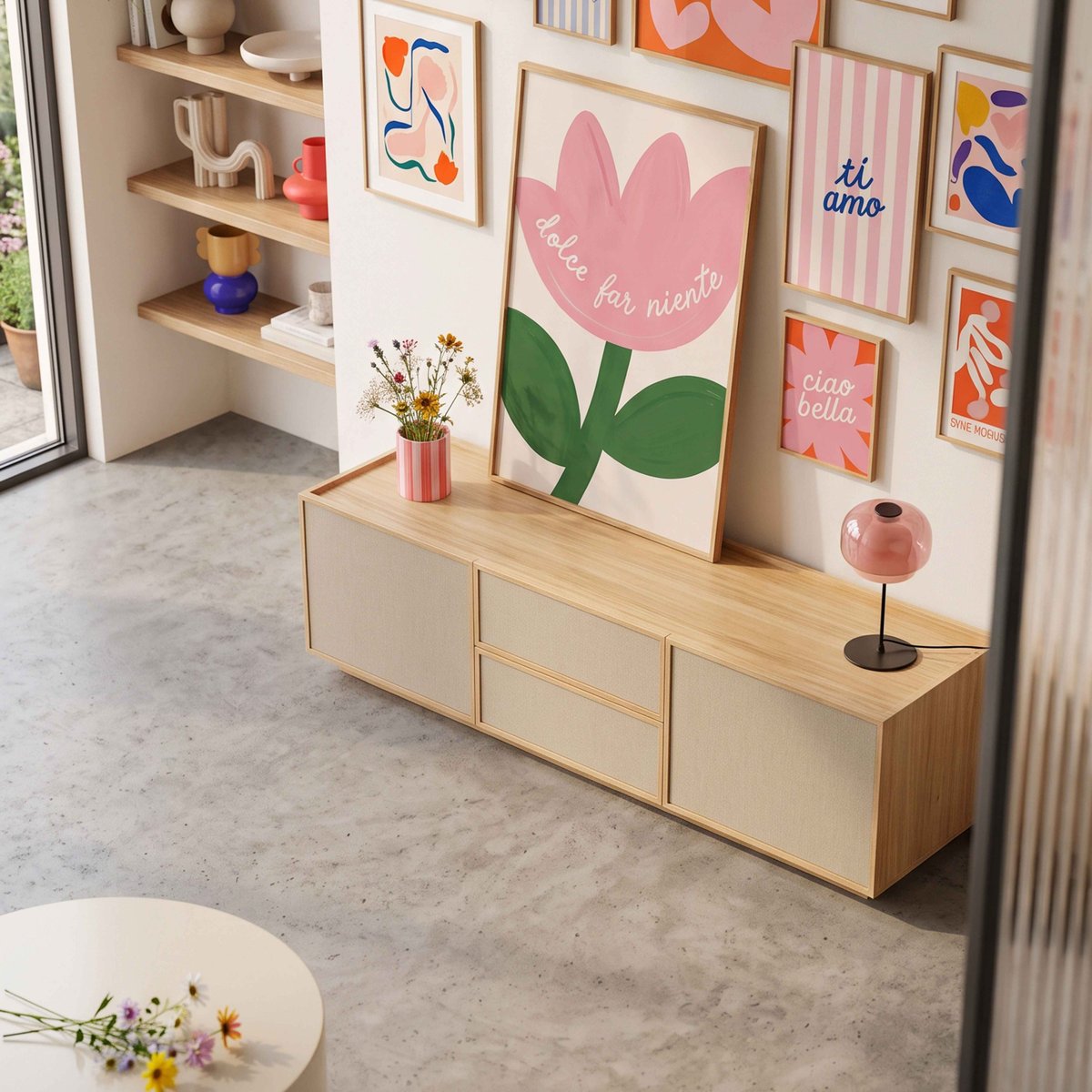 Meuble TV effet bois 150 cm en tissu style scandinave, TOMY bois clair, OVIALA