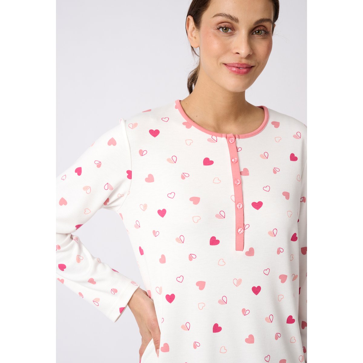 Chemise de nuit Thermolactyl en maille interlock blanc rose imp., DAMART