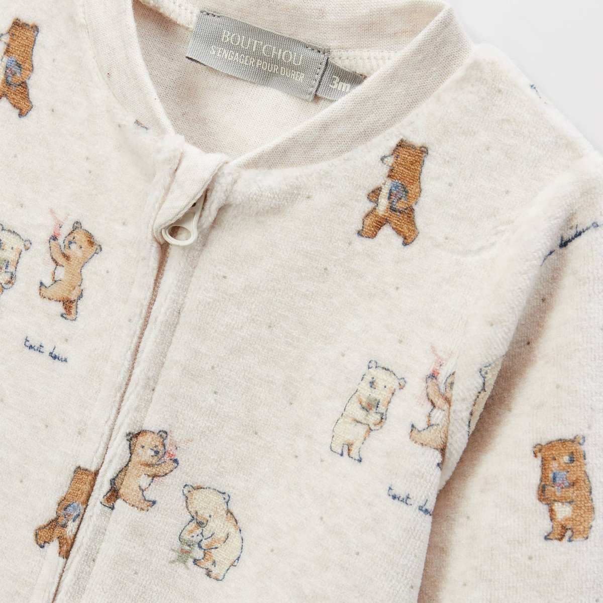 Dors-bien zippé en velours en coton BIO GOTS ecru melange, BOUT'CHOU