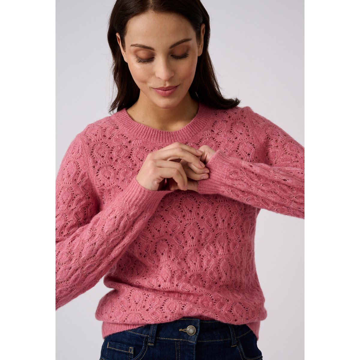 Pull ajouré mélange laine et alpaga vieux rose, DAMART