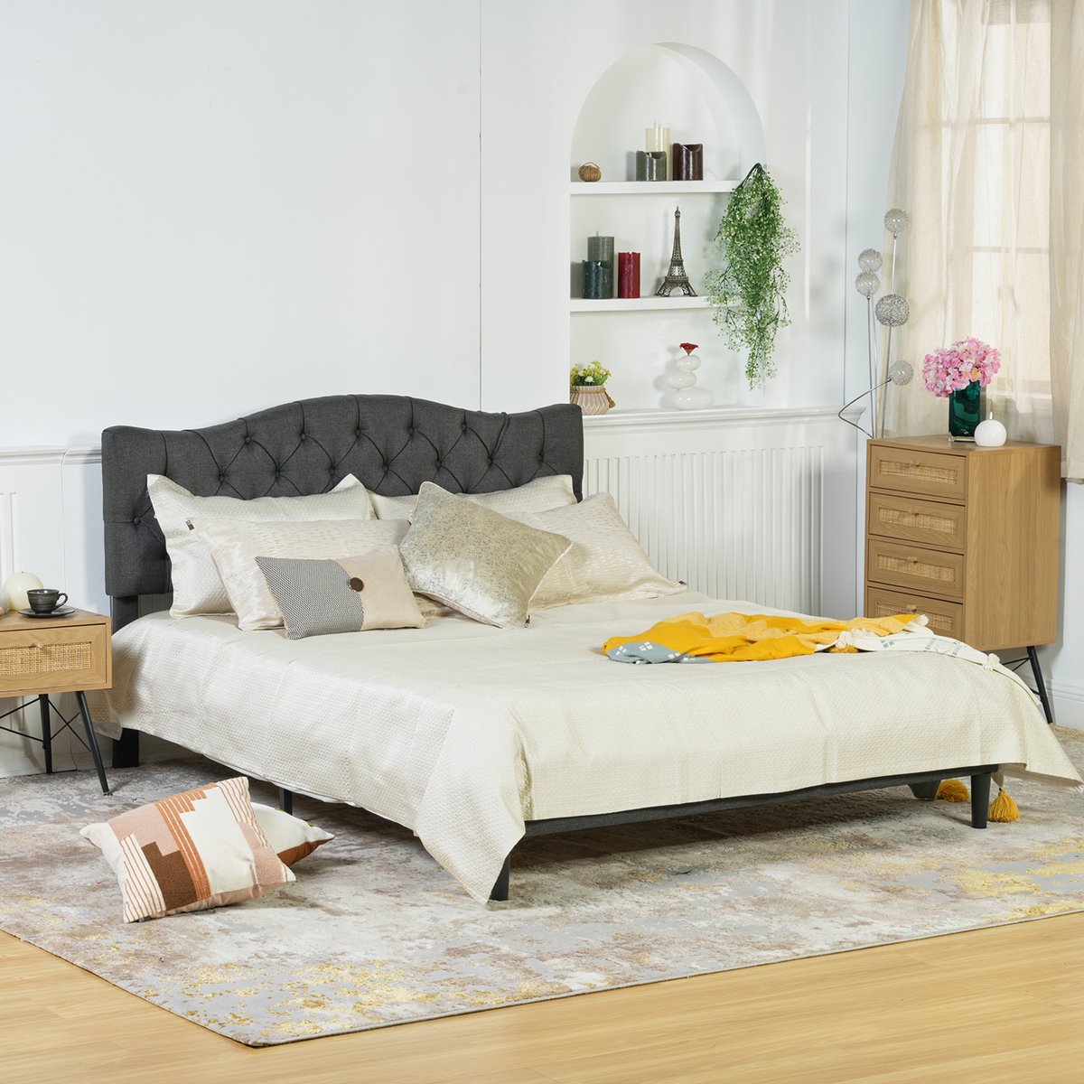 Lit double capitonné sans matelas sans rangement, LEON gris, MEUBLES COSY
