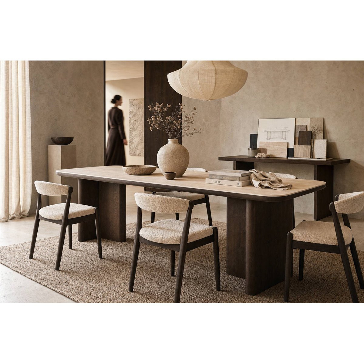 Table à manger en céramique collection NANDO brun et travertin beige, RECOLLECTION
