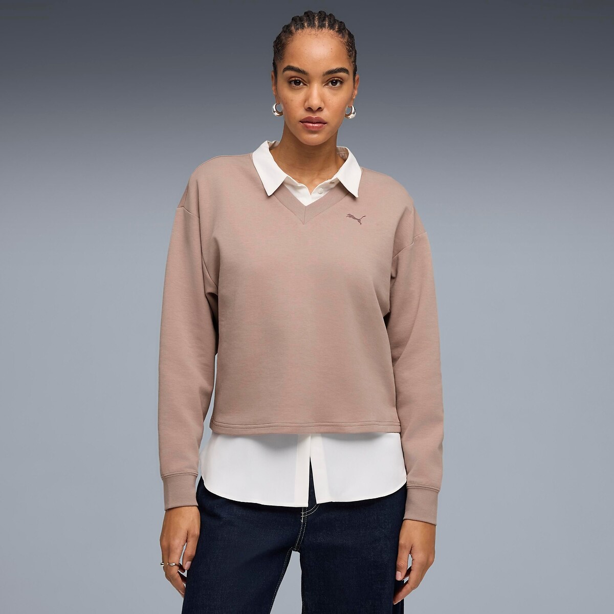 Sweat col v ESSENTIAL ELEVATED marron, PUMA