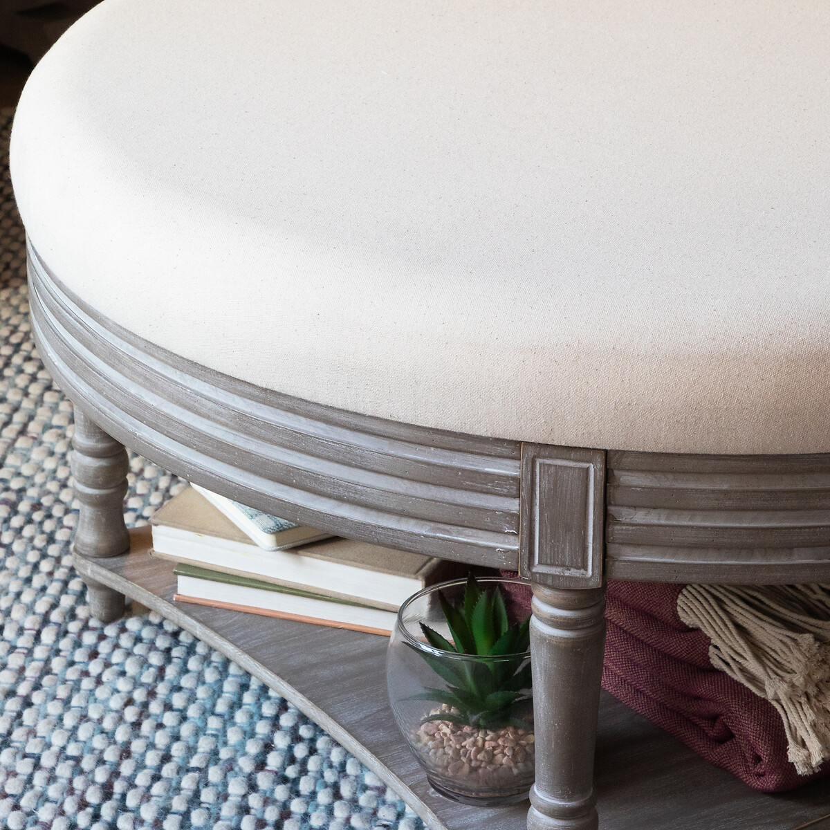 Maurice Round Linen Upholstered Ottoman Storage Footstool raw linen, VOYAGE MAISON