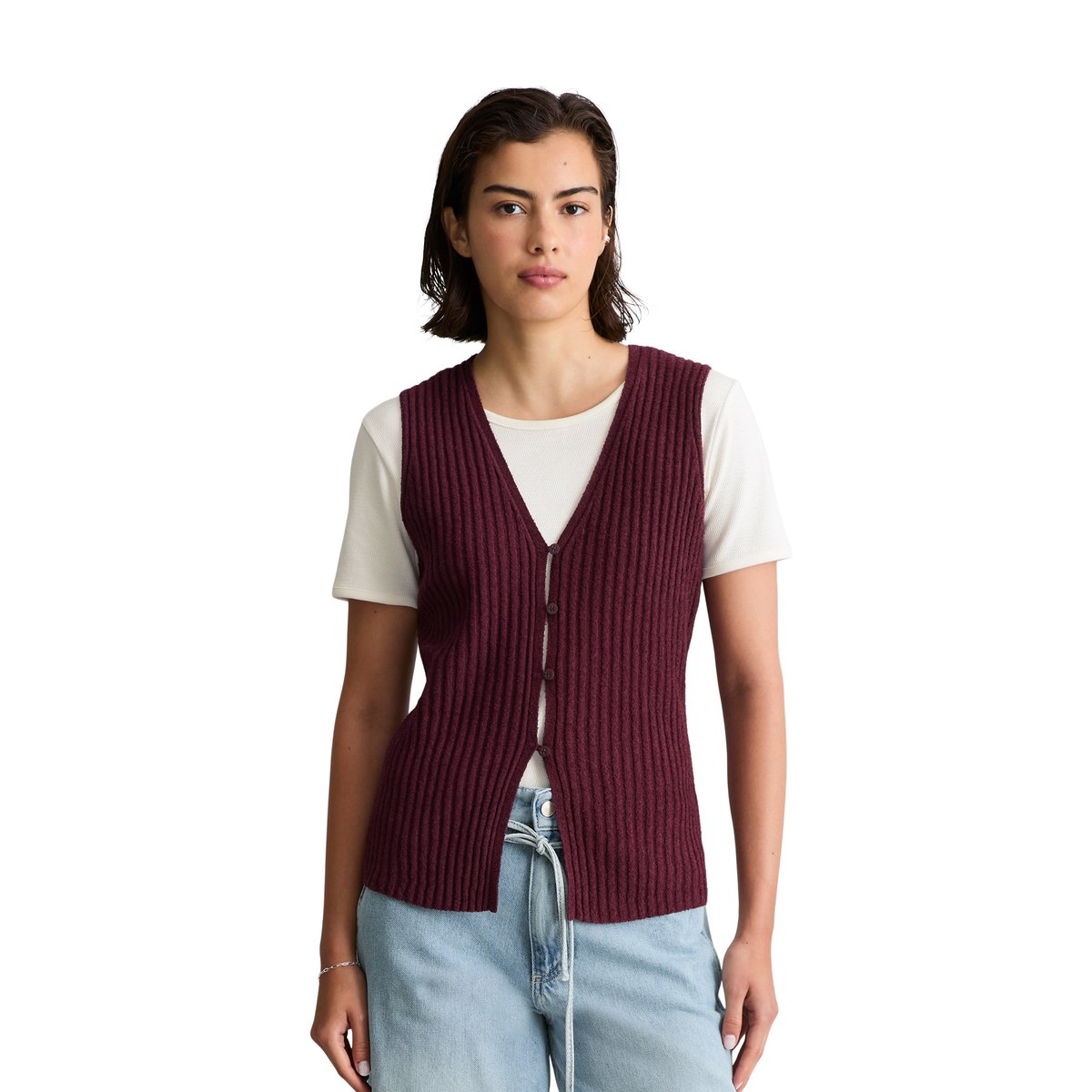 Gilet slim en mélange de coton organique côtelé rouge fonce, MARC O’POLO DENIM