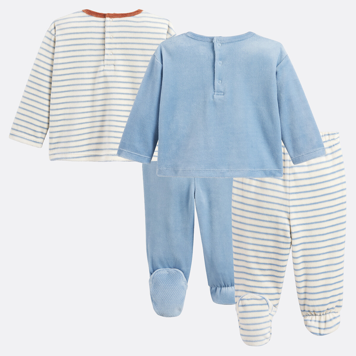 Doppelpack zweiteiliger Schlafanzug aus Samt mit Aufschrift und Streifen blau + gestreift, LA REDOUTE COLLECTIONS