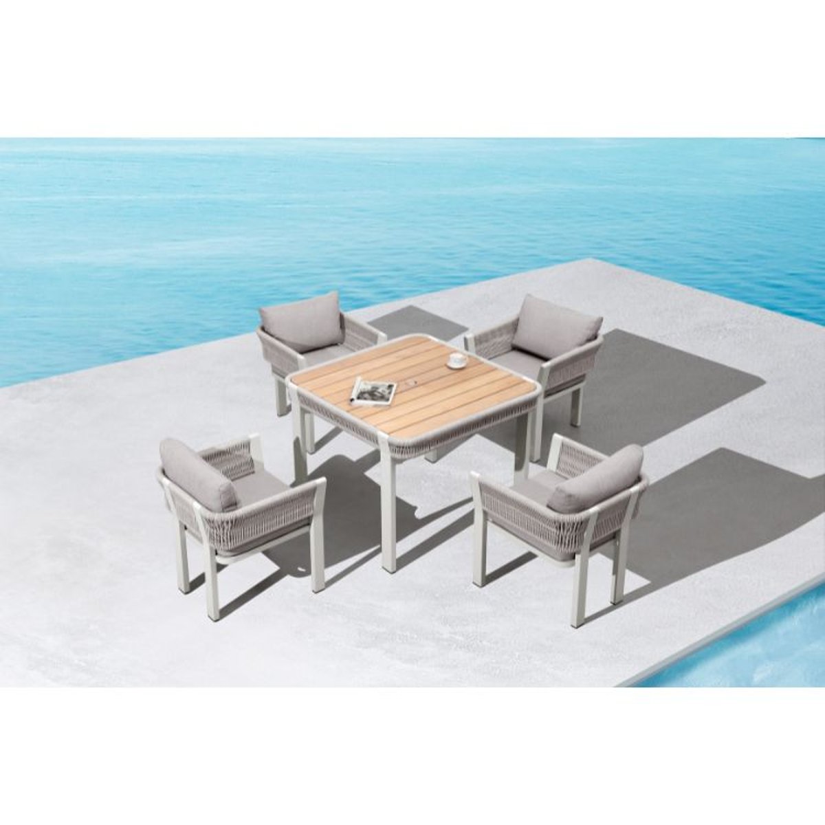 Ensemble repas 4 places jardin en aluminium et corde tressée, OLBY beige laqué poudré, AU JARDIN DE CHLOÉ