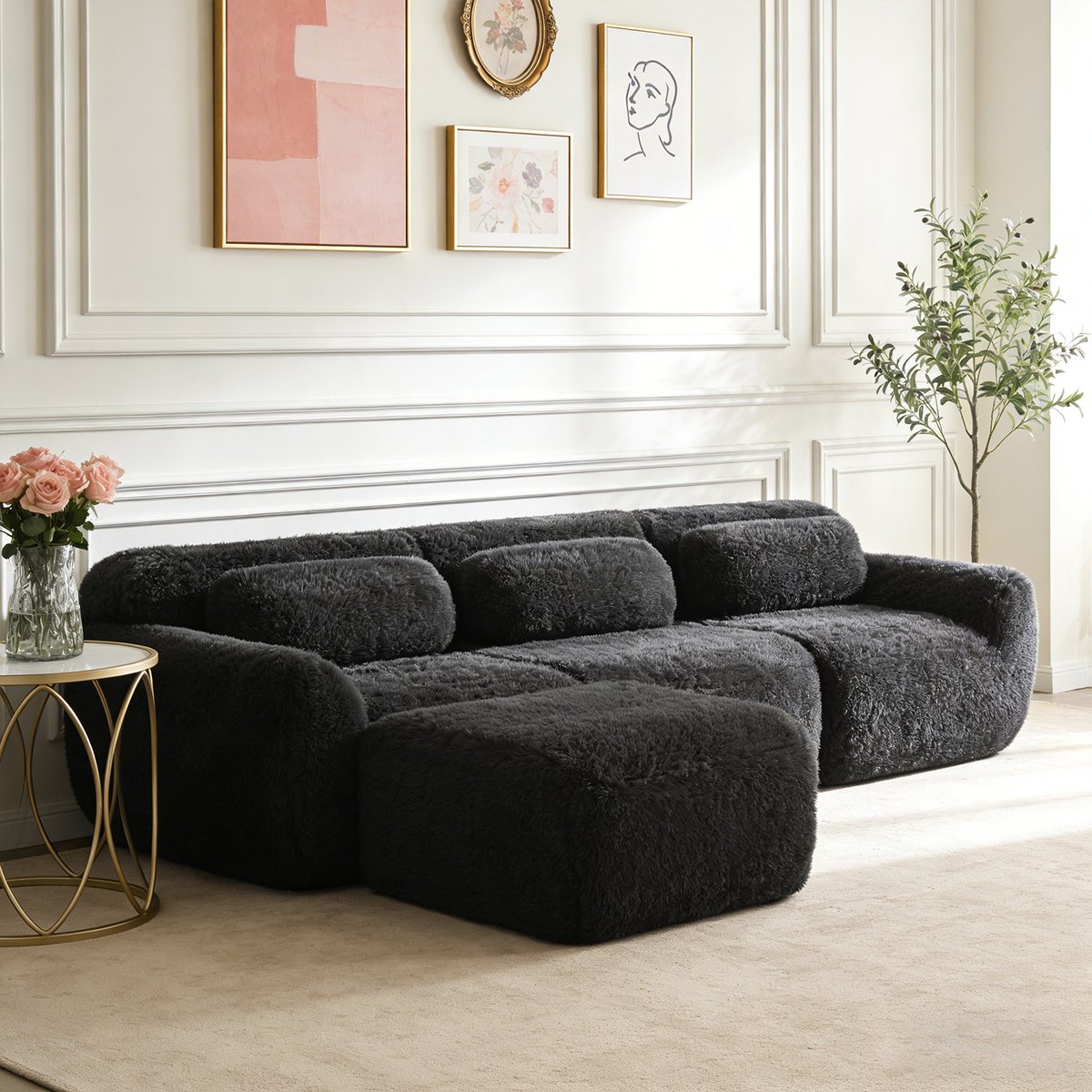 Canapé d'angle réversible 3 places avec pouf, WIND noir, MEUBLES COSY