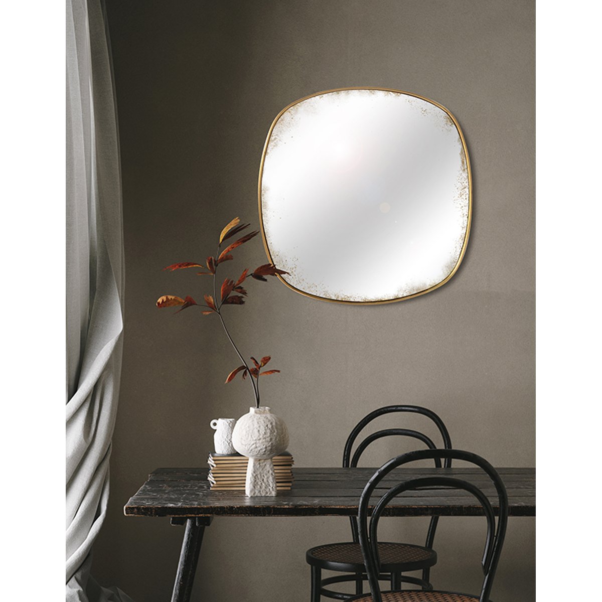 Miroir carré aux bords arrondis effet vieilli 60 x 60 cm or, EMDE