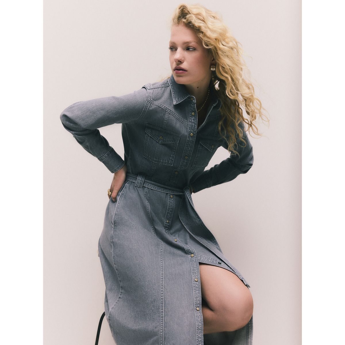 Robe chemise longue en denim gris, NEXT