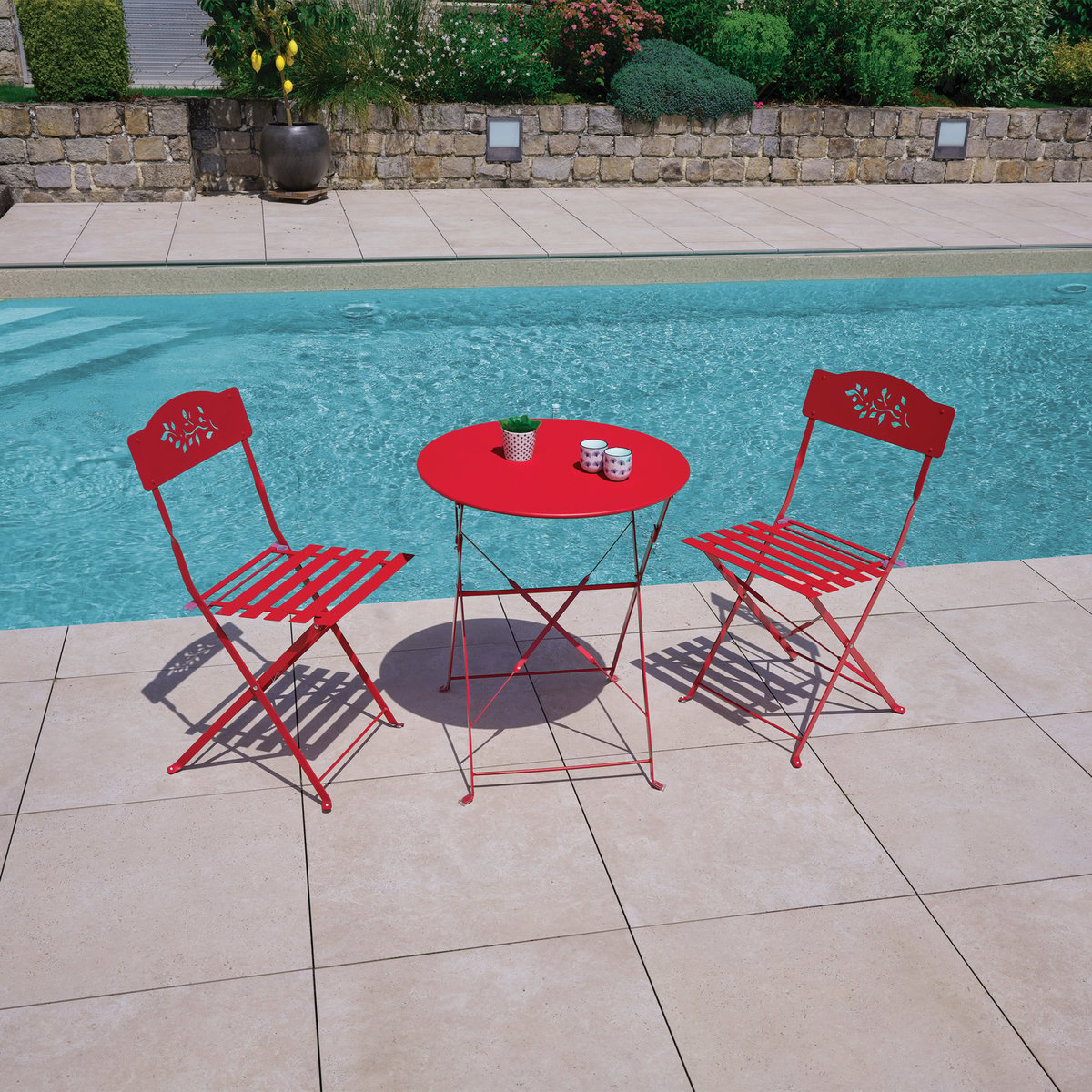 Table de jardin pliante en acier ronde rouge, IMAGIN