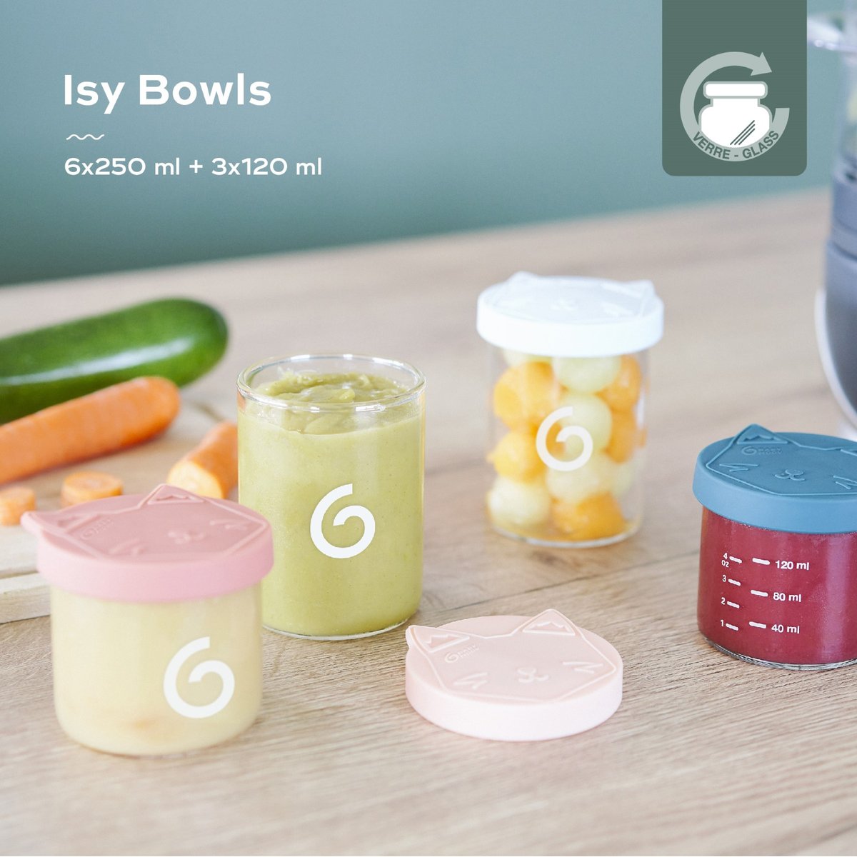 Lot de 6 pots bébé isy 250ml et 3 de 120ml transparent, BABYMOOV