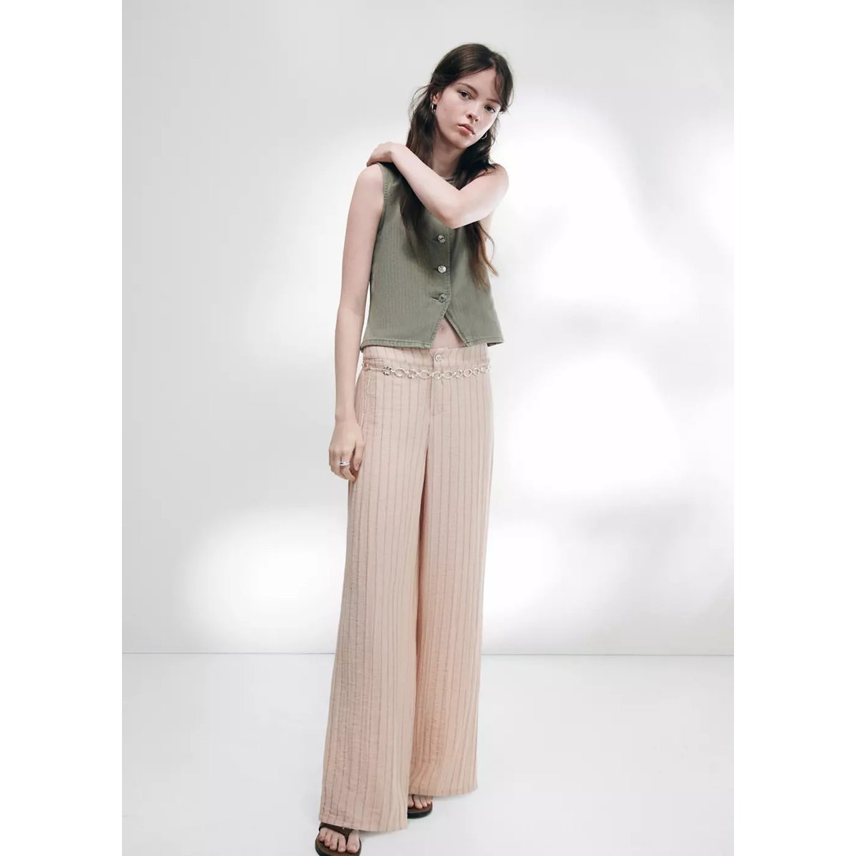 Pantalon à rayures et taille basse rose pastel, MANGO TEEN