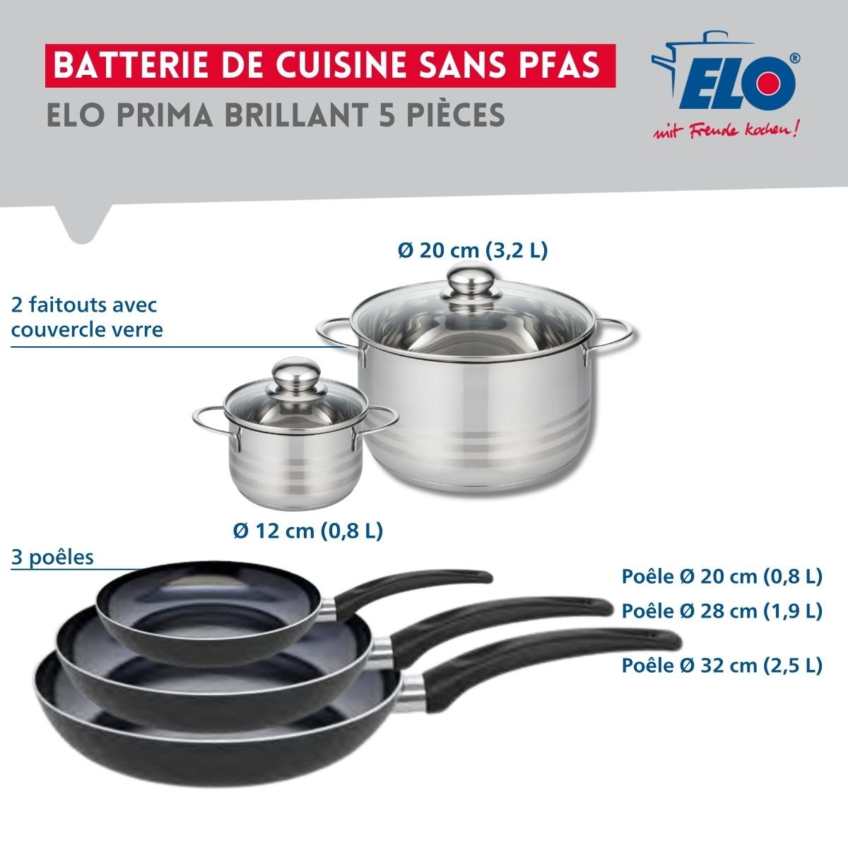 Batterie 3 poêles 20/28/32cm + 2 faitouts 12/20cm PRIMA BRILLANT noir, ELO