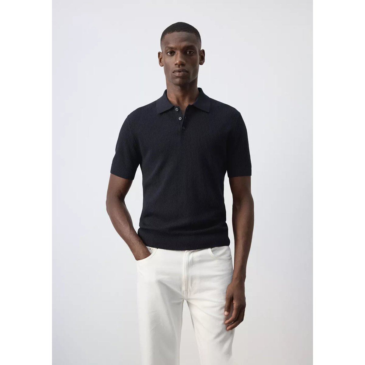 Polo maille fine côtelée bleu nuit, MANGO MAN