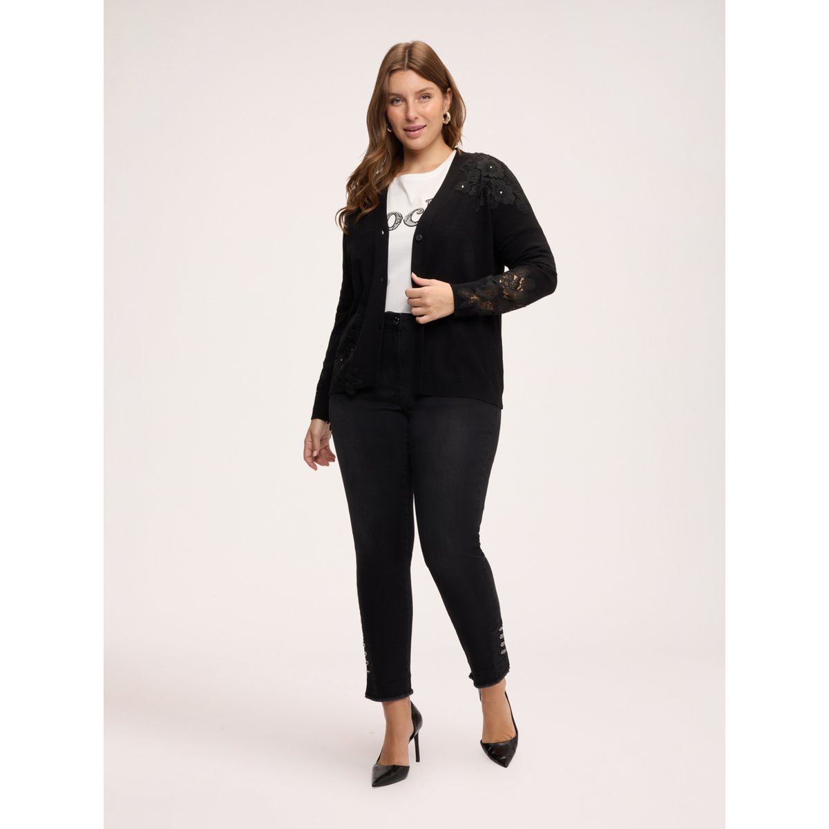 Cardigan avec applications en dentelle noir, FIORELLA RUBINO