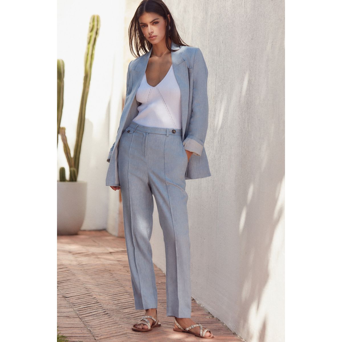 Pantalon fuselé texturé coupe classique bleu, NEXT