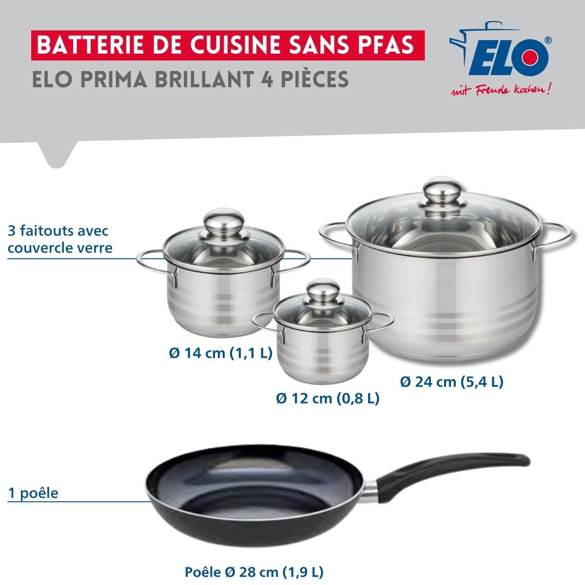 Batterie 1 poêle 28cm + 3 faitouts 12/14/24cm PRIMA BRILLANT noir, ELO