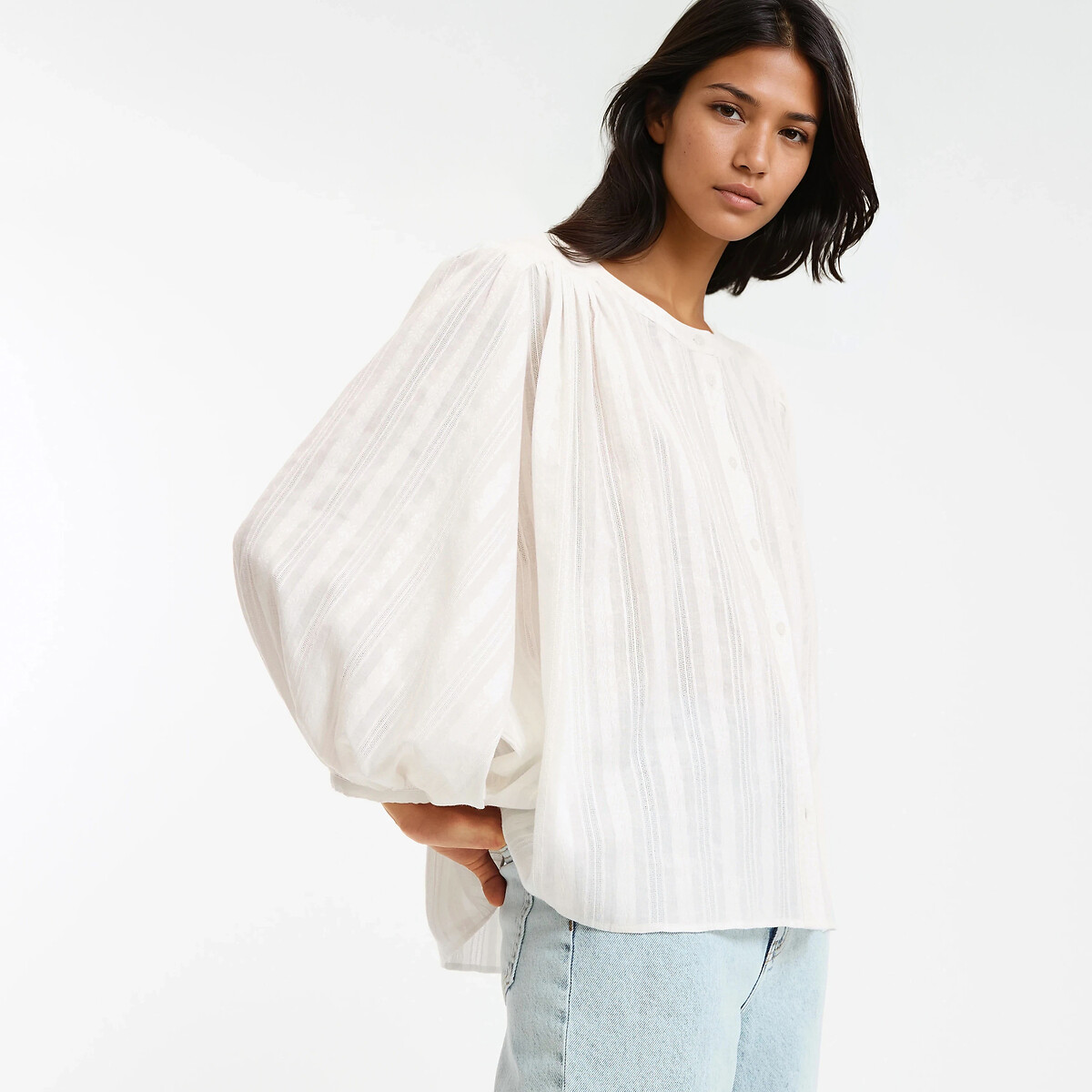 Chemise oversize, col mao, manches 3/4 ecru, LA REDOUTE COLLECTIONS