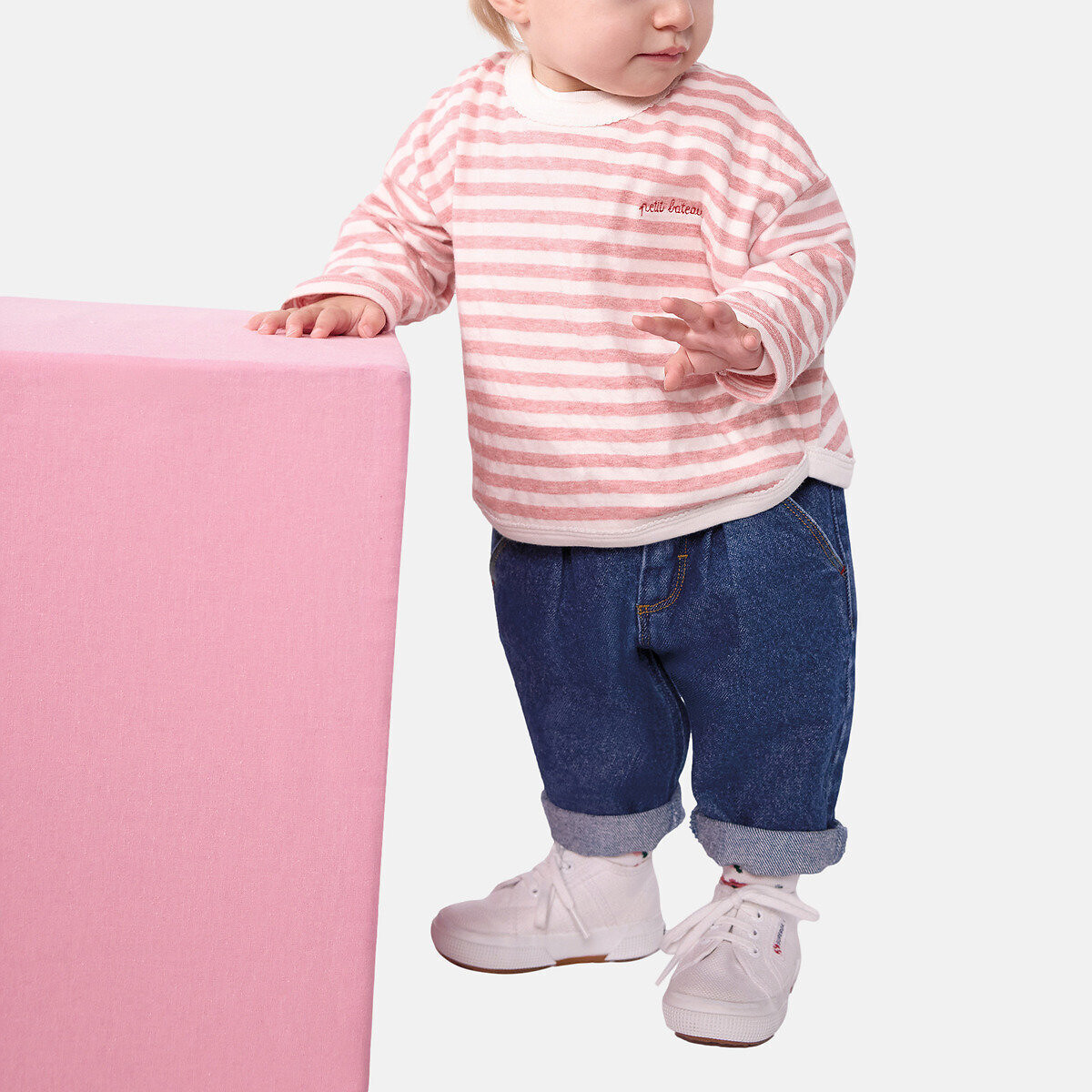 T-shirt manches longues en coton rayé rose, PETIT BATEAU