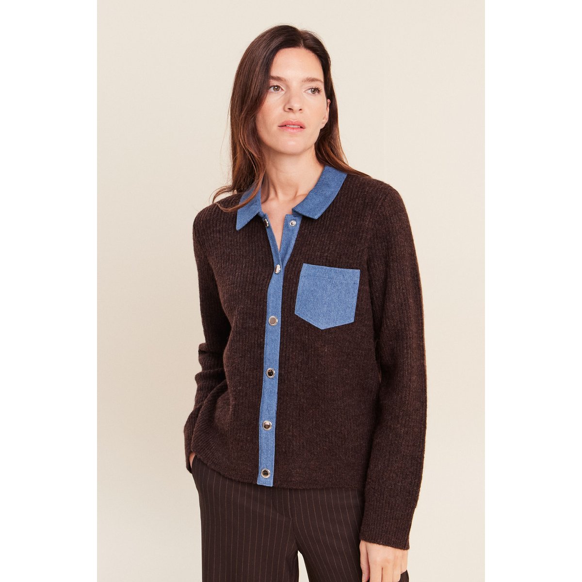 Veste col chemise manches longues marron foncé, BREAL