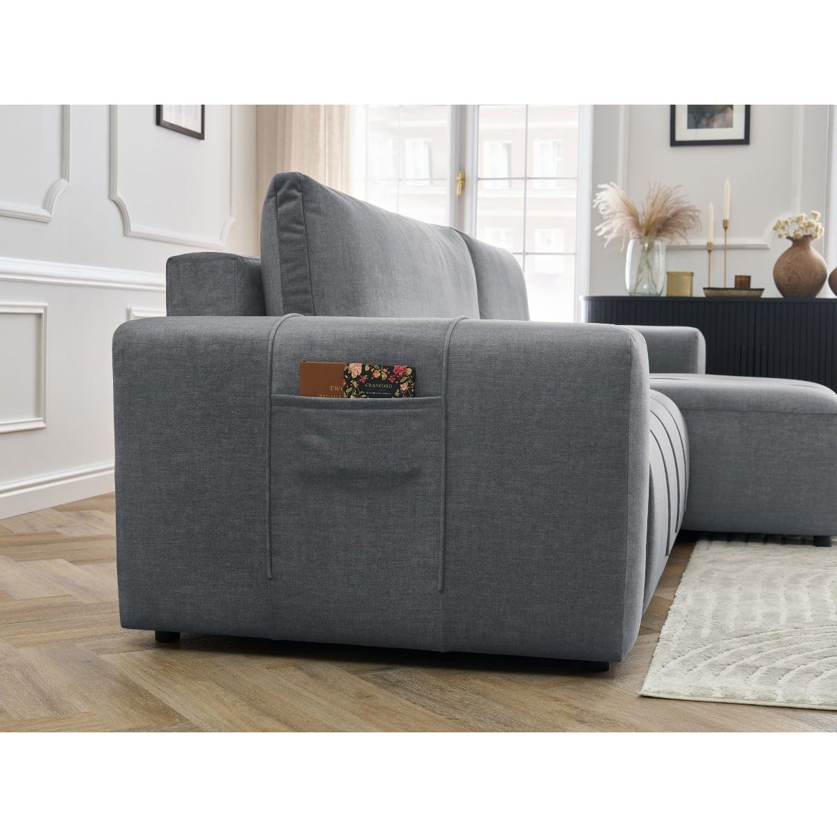 Canapé d'angle convertible 3 places en velours, ARSENE gris foncé, BOBOCHIC