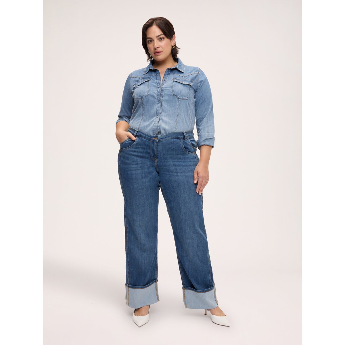 Jean droit avec maxi revers et double poche bleu, FIORELLA RUBINO