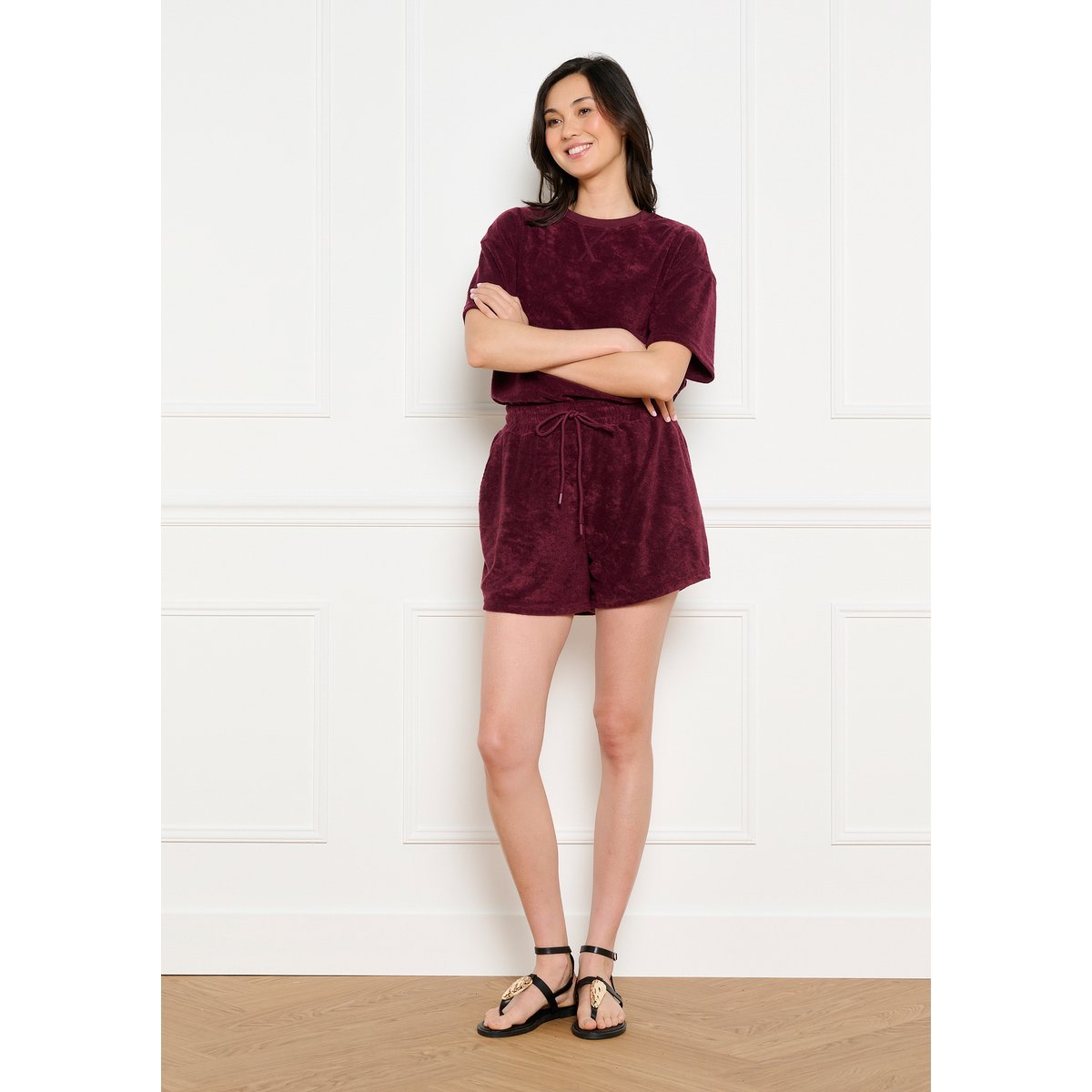 Short éponge taille nouée aubergine, LOLALIZA