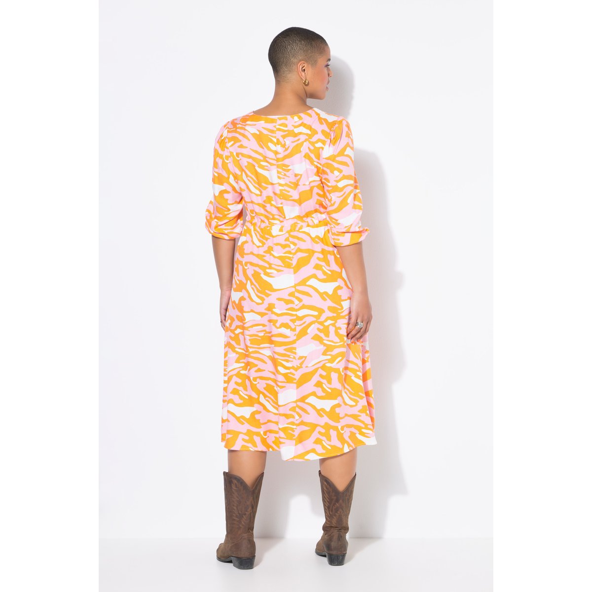 Robe midi manches 3/4, imprimé zébré coloré citrouille, STUDIO UNTOLD