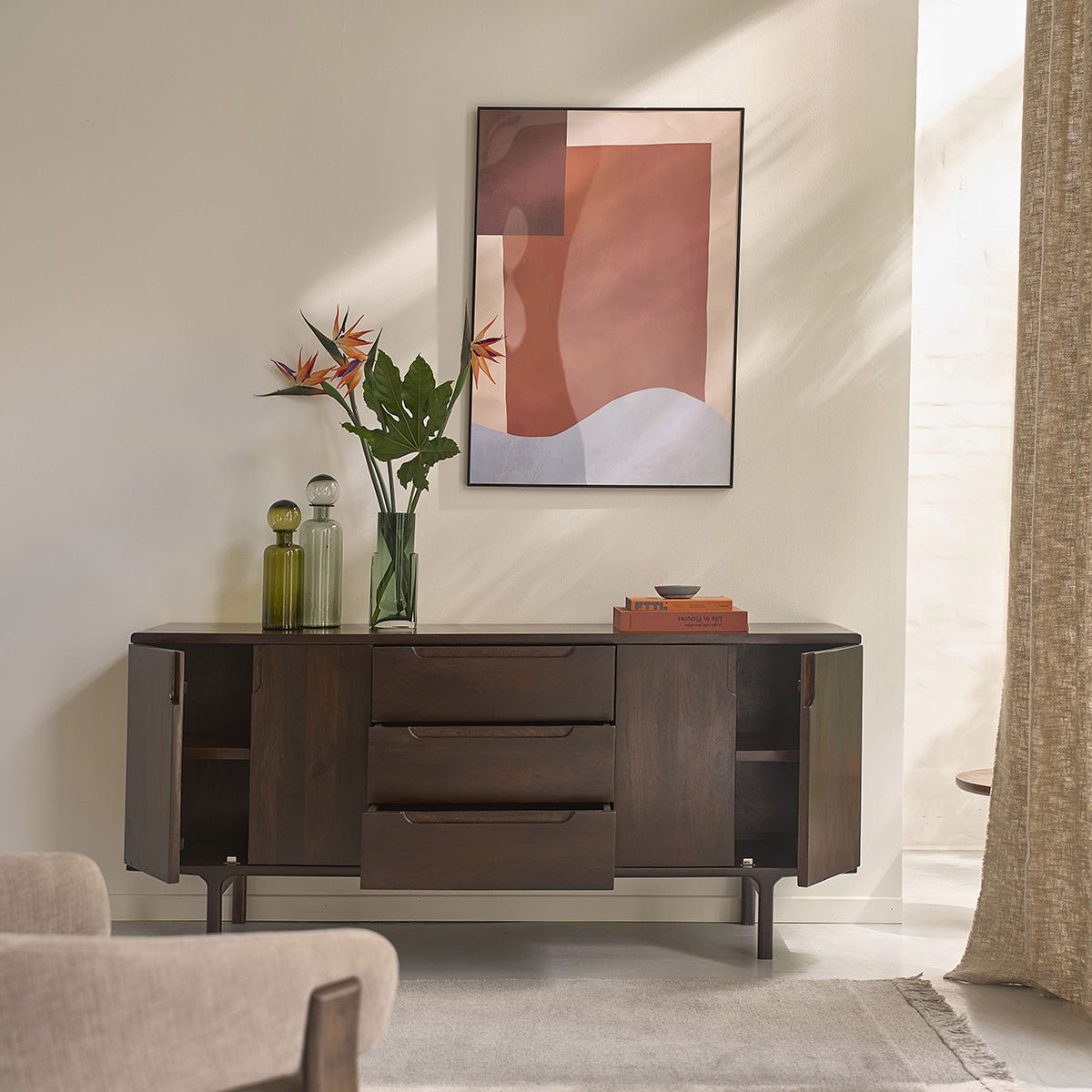 Buffet 4 portes, 3 tiroirs en manguier massif 180 cm LAZARE couleur unique, BERAH GETAH