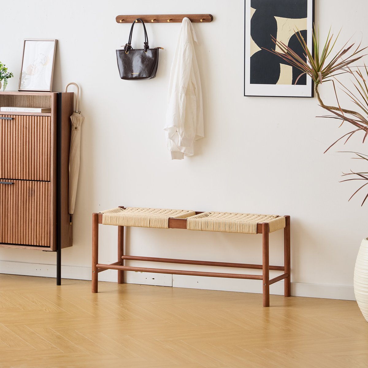 Banc avec rangement, en bois et corde, noyer, SALTABANC marron foncé, NORDLYS