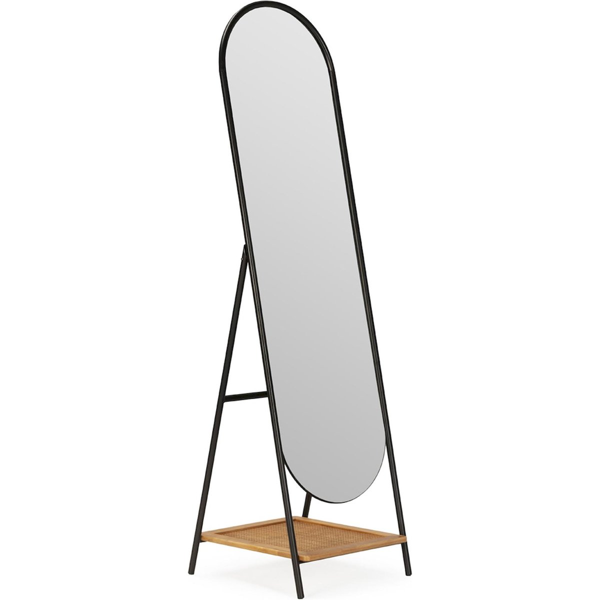 Miroir sur pied avec tablette en rotin noir et naturel, RECOLLECTION