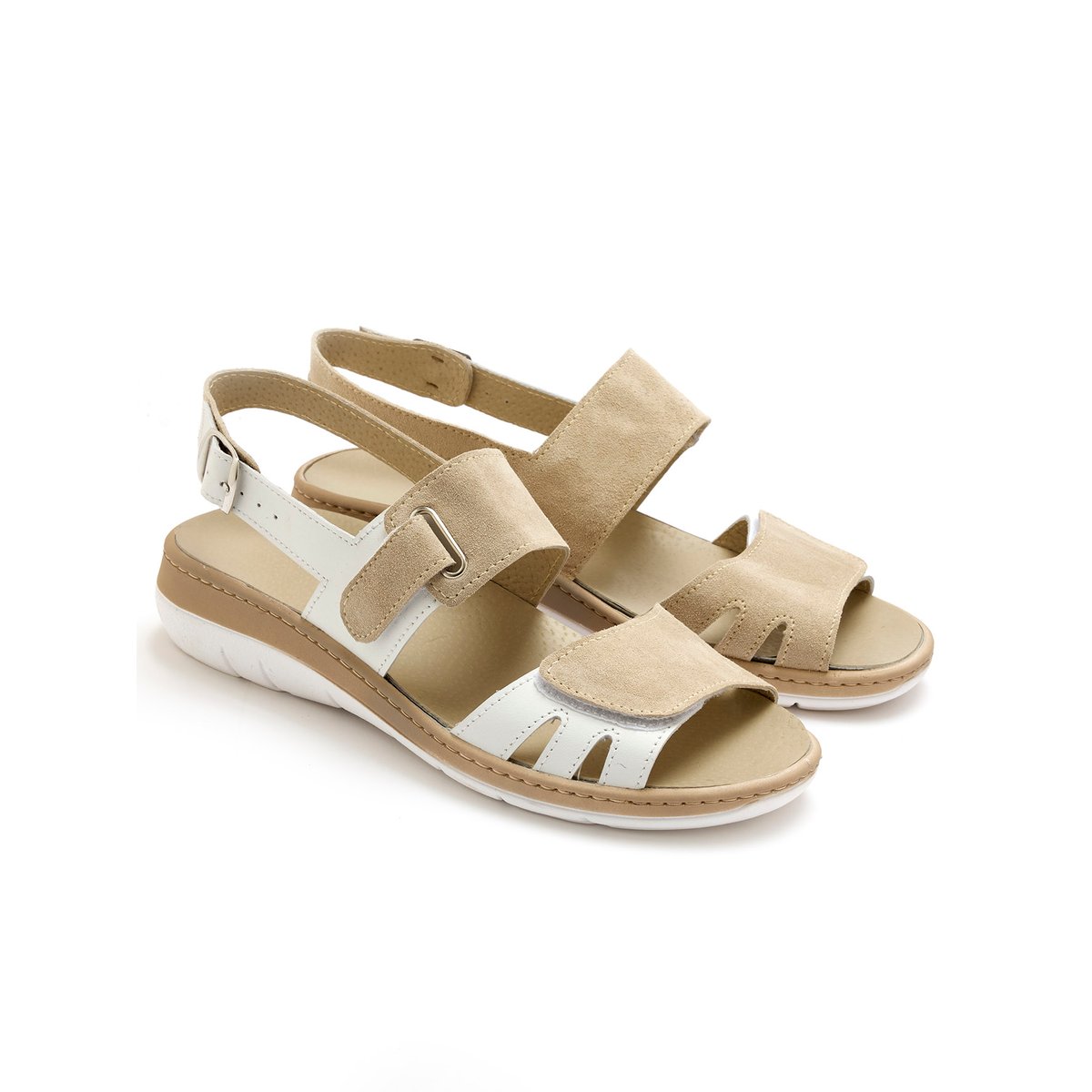 Sandales femme à scratch beige/blanc, PEDICONFORT