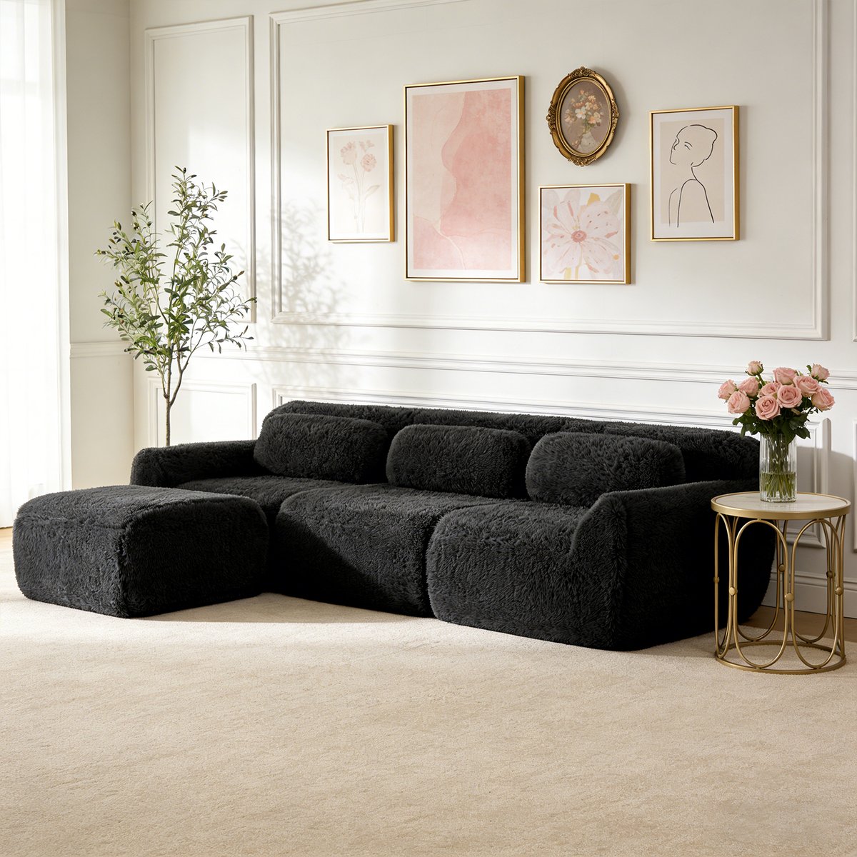 Canapé d'angle réversible 3 places avec pouf, WIND noir, MEUBLES COSY