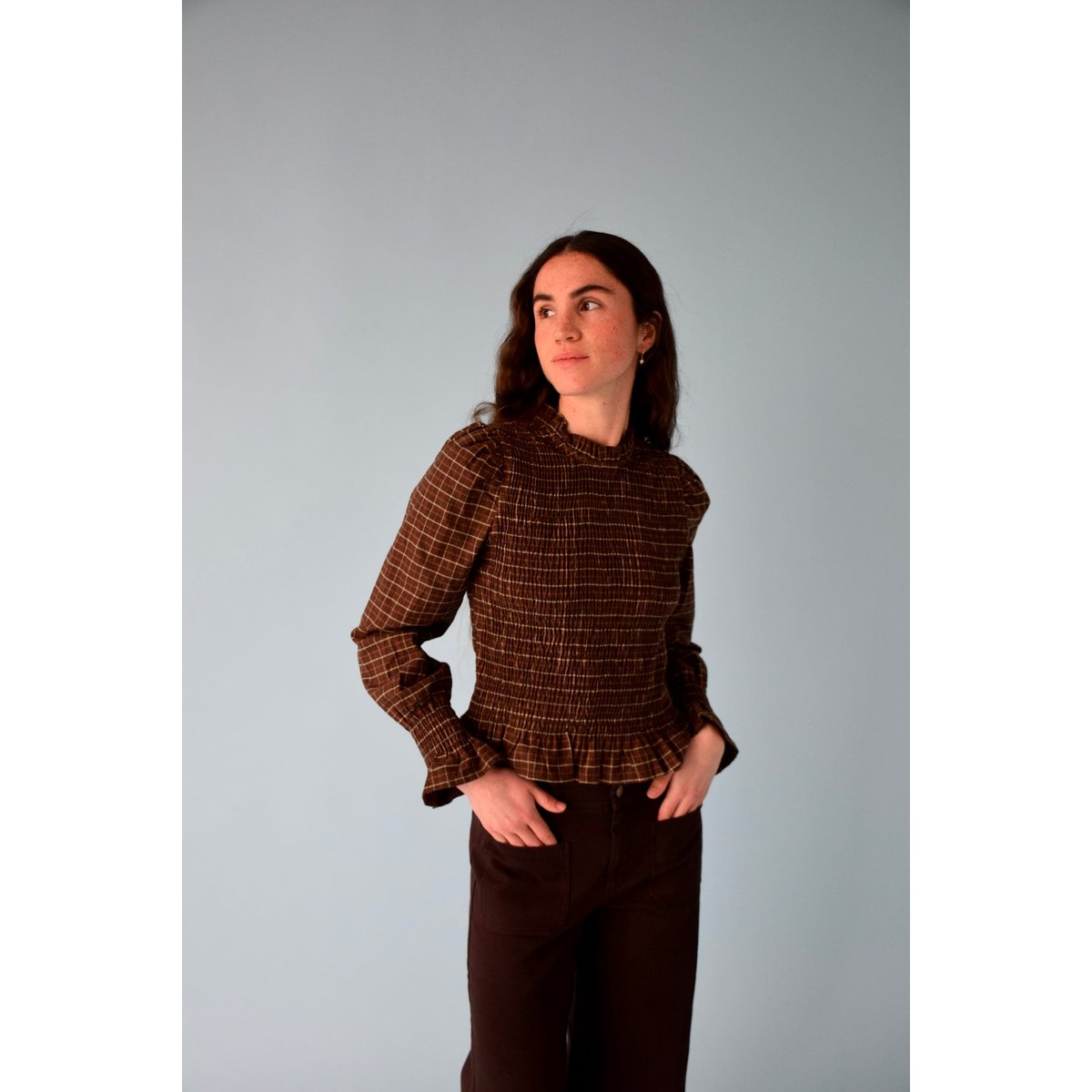 Blouse smockée carreaux CHÍA marron, MINDTRAVELER