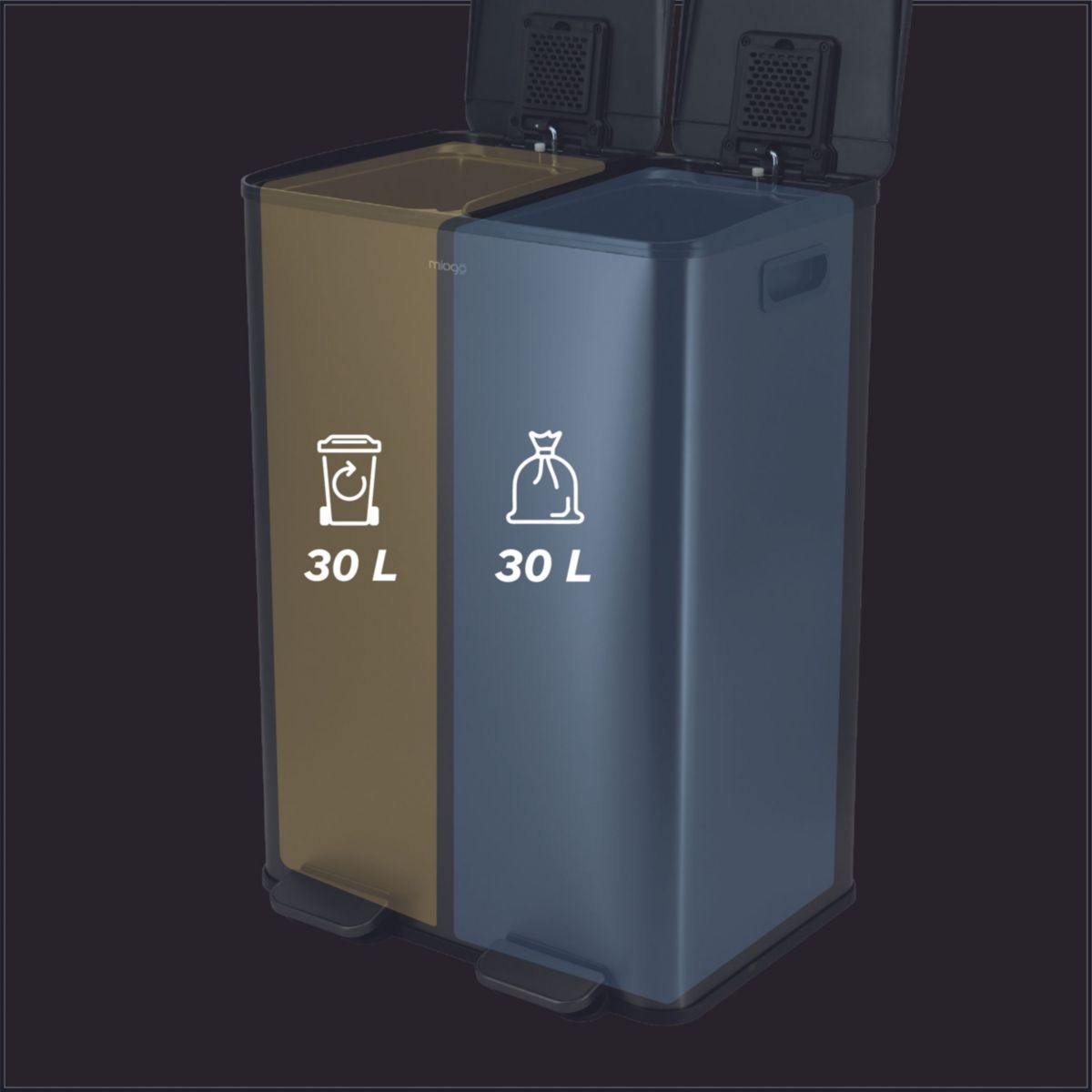Poubelle de cuisine tri sélectif 60L anthracite couleur unique, MIOGO