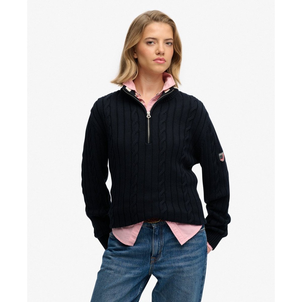 Pull à demi-zip en maille torsadée décontracté bleu marine éclipse, SUPERDRY