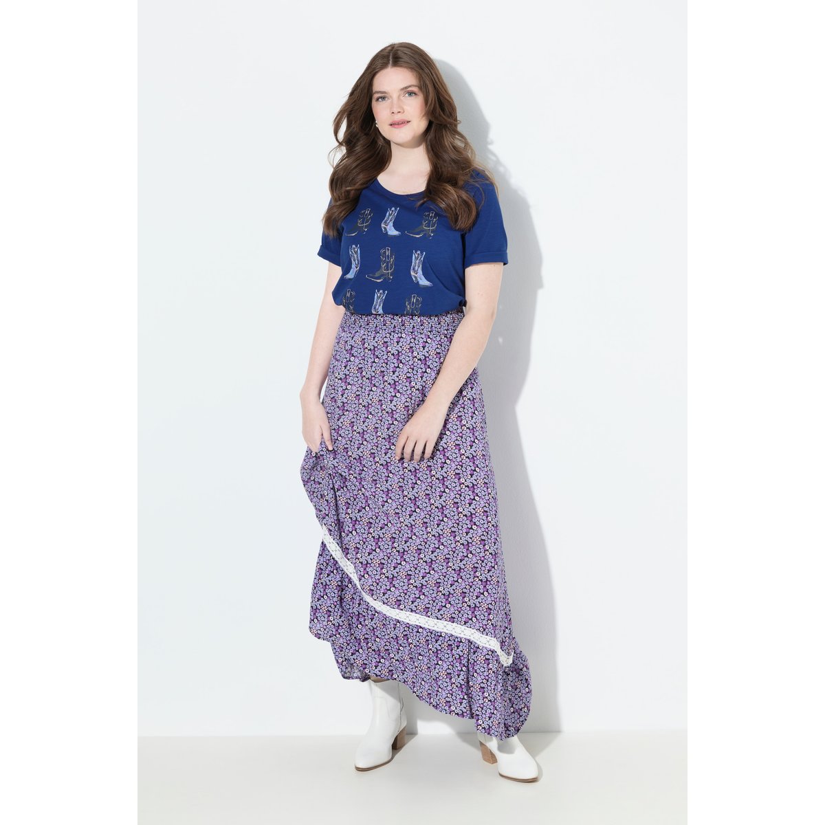 Jupe midi motif floral lavande, ULLA POPKEN