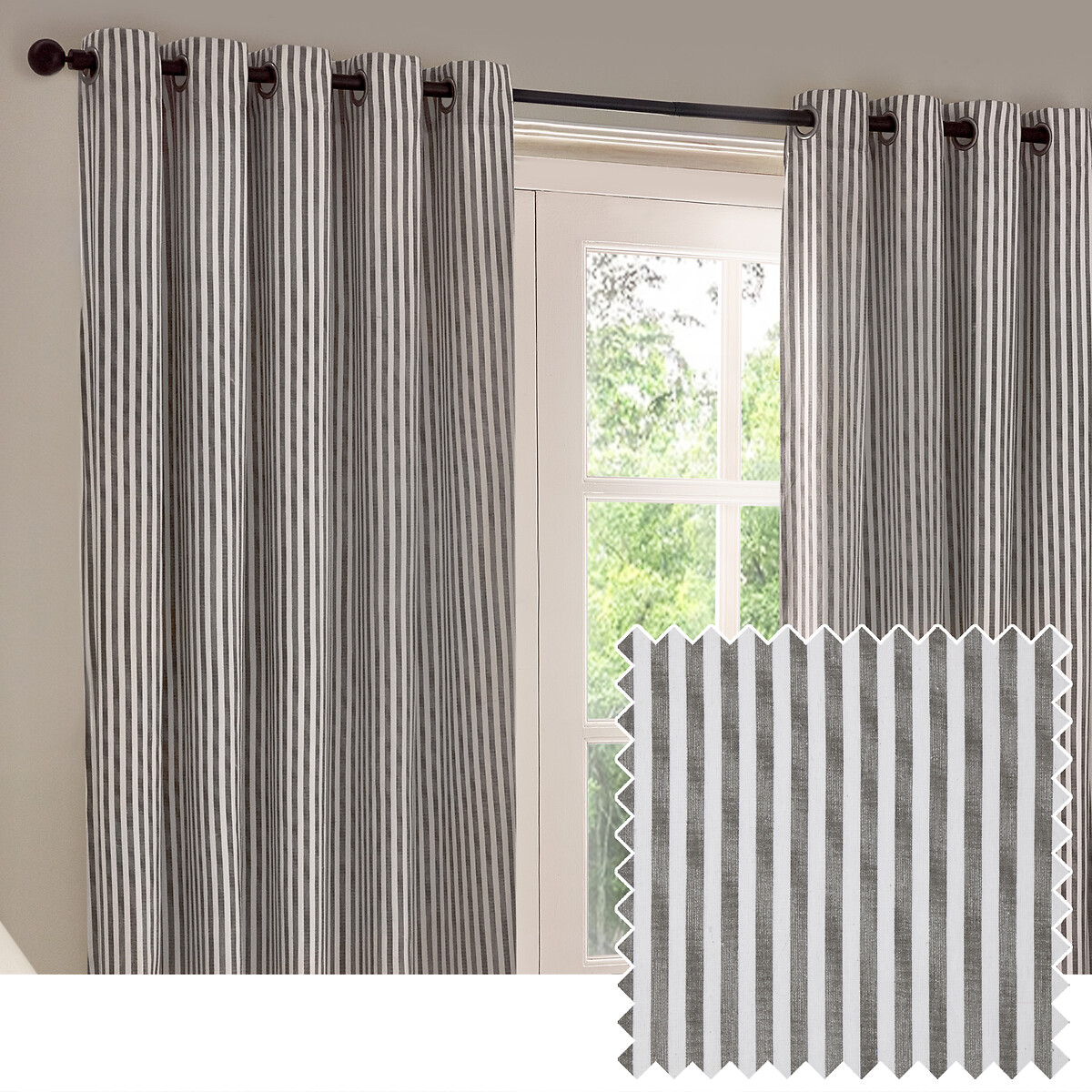 Hebden Striped Cotton Eyelet Curtains grey, YARD