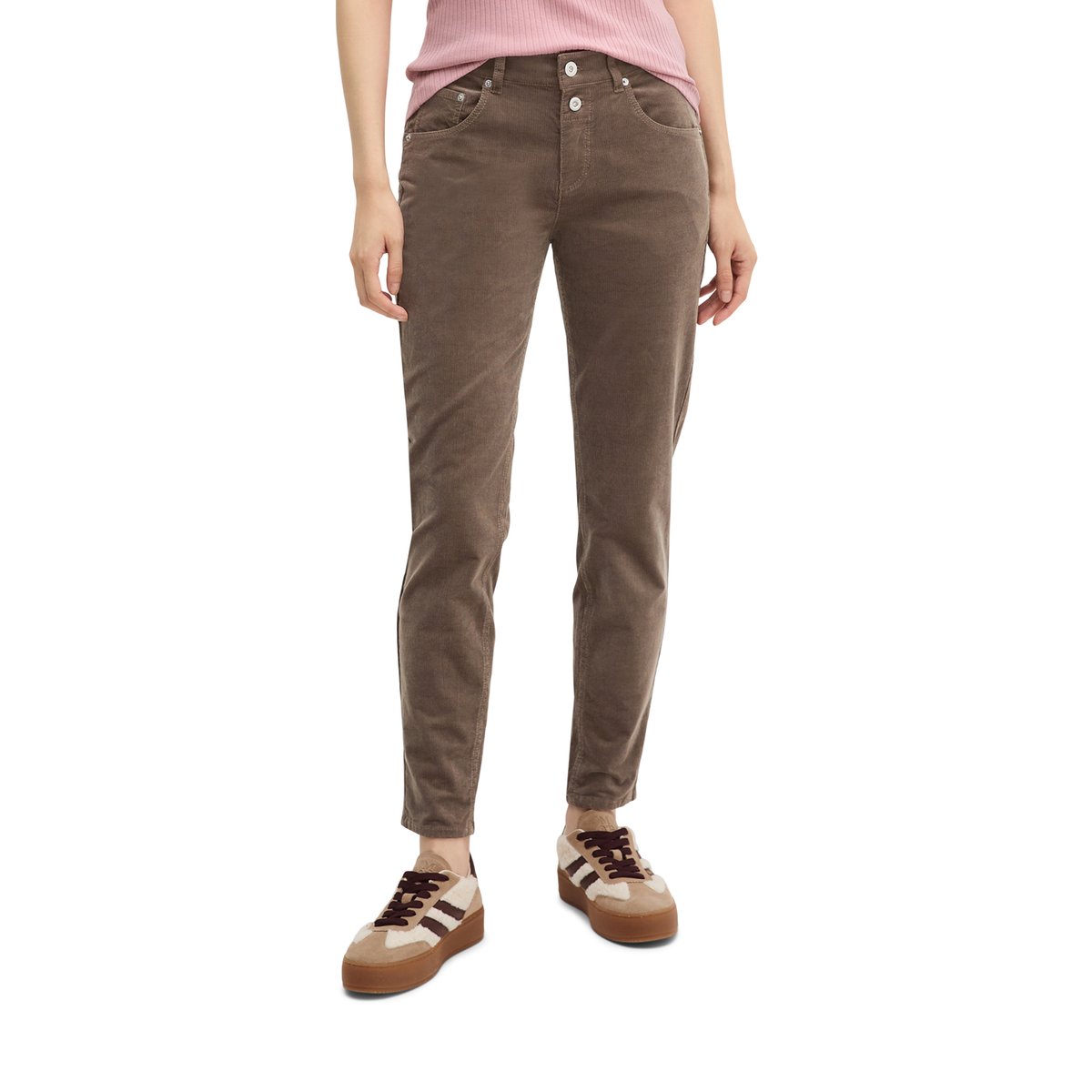 Pantalon à fines côtes modèle Theda boyfriend cropped en coton organique modal stretch marron clair, MARC O'POLO