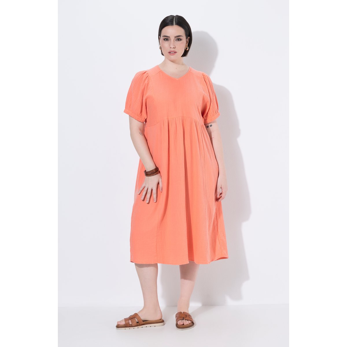 Robe midi en mousseline. Manches courtes corail, ULLA POPKEN