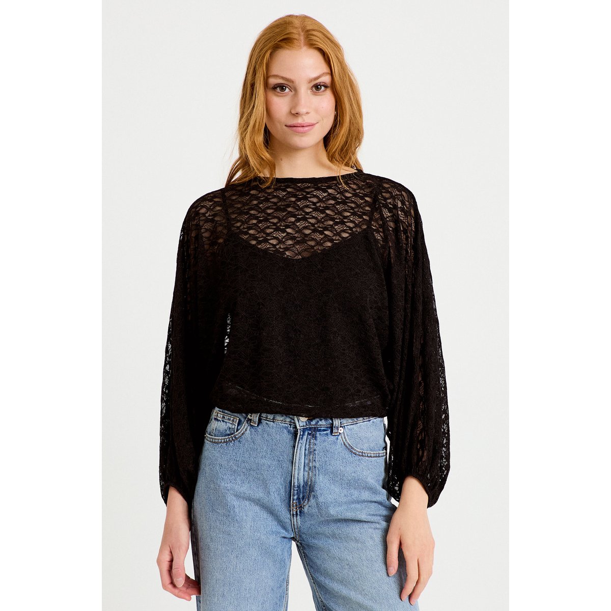 Blouse dentelle col rond manches longues noir, CACHE CACHE