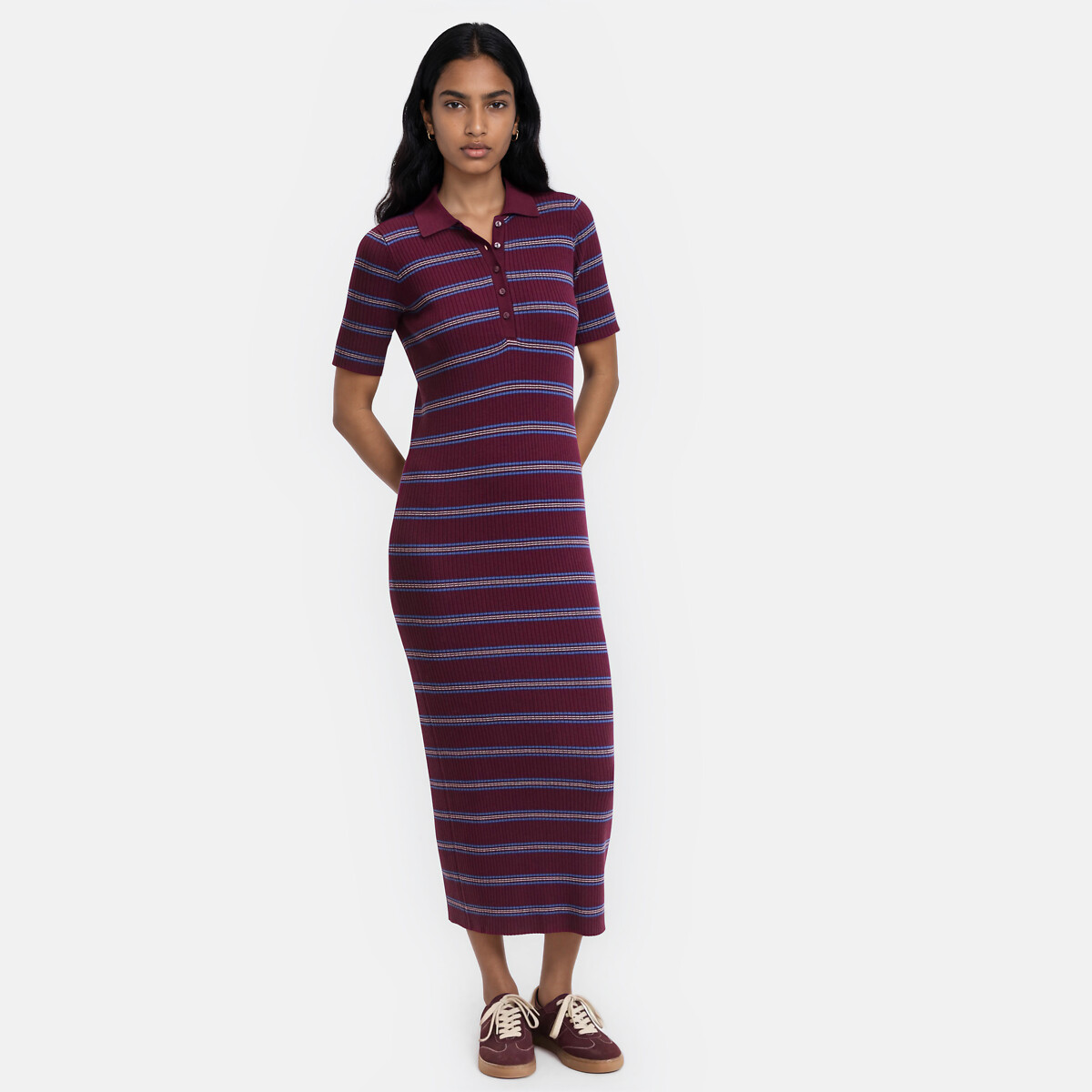 Robe droite rayée en maille, longue, manches courtes rayé bordeaux, LA REDOUTE COLLECTIONS