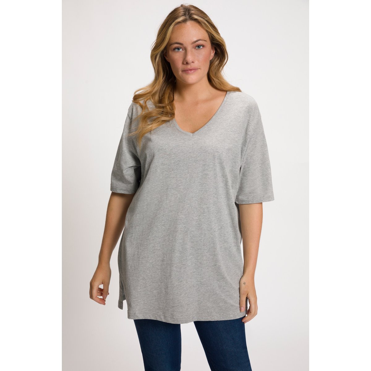 T-shirt à manches courtes et col V gris clair chiné, ULLA POPKEN