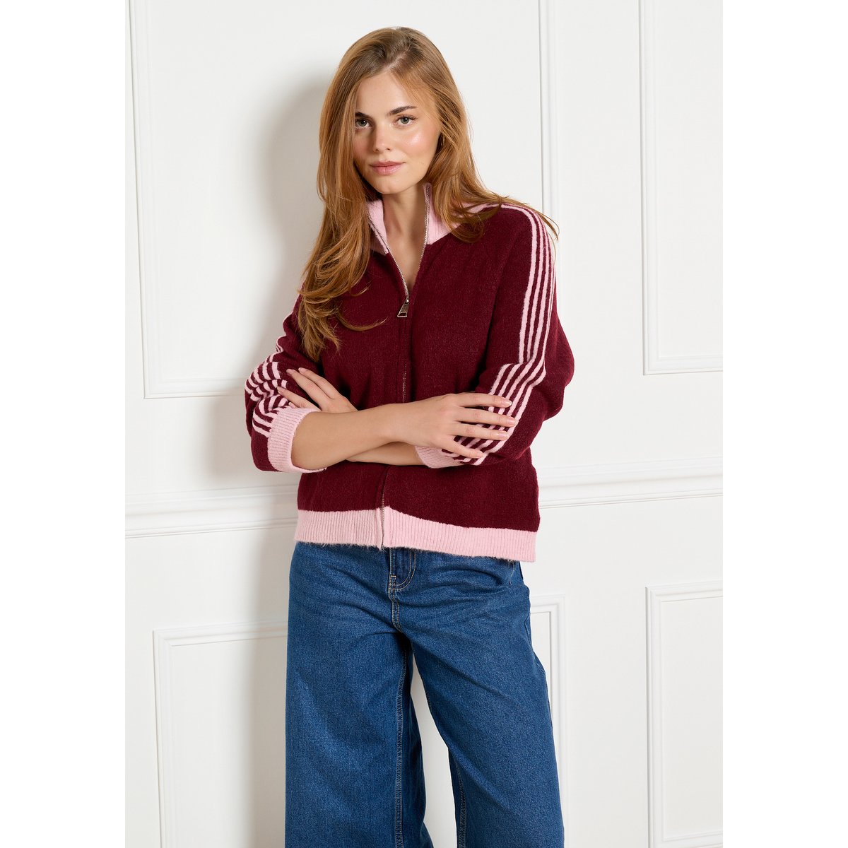 Cardigan zippé à manches raglan bordeau wine, LOLALIZA